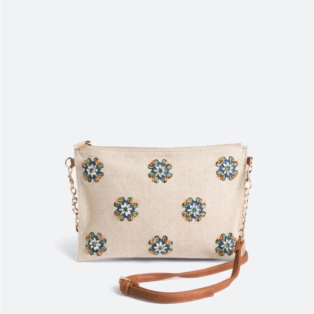 NWT Bejeweled Floral Beige Crossbody Bag